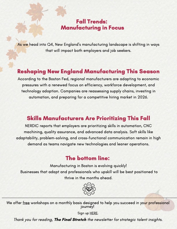 The second page of The Final Stretch newsletter, with info about trends in manufacturing this fall.