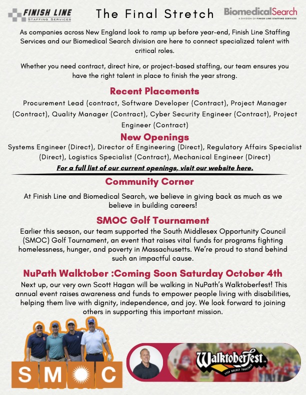 The first page of The Final Stretch newsletter, with info about recent placements, new openings, and community involvement.