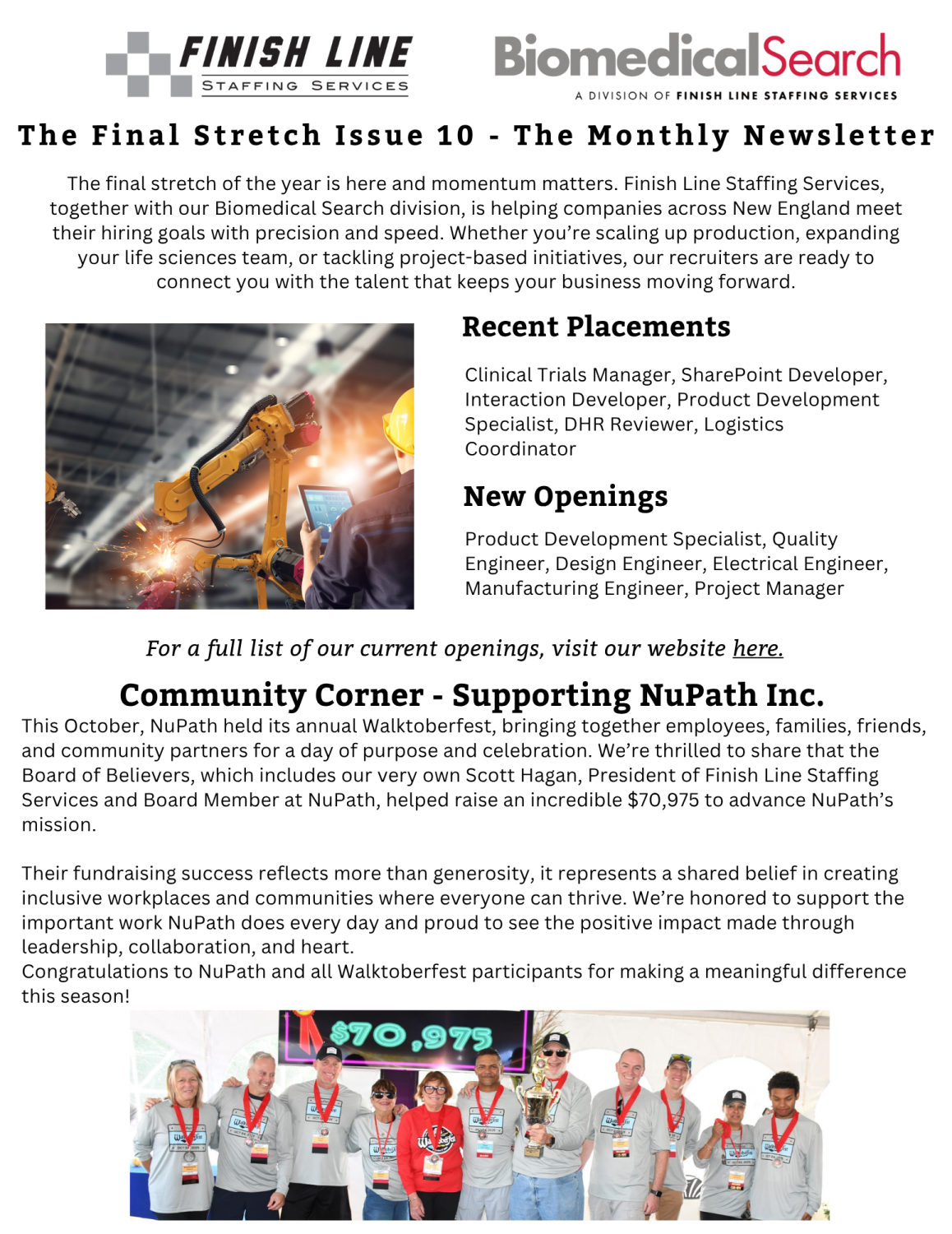 The latest issue of Finish Line Staffing Services' monthly newsletter, with info about recent placements, new openings, and recent community involvement efforts