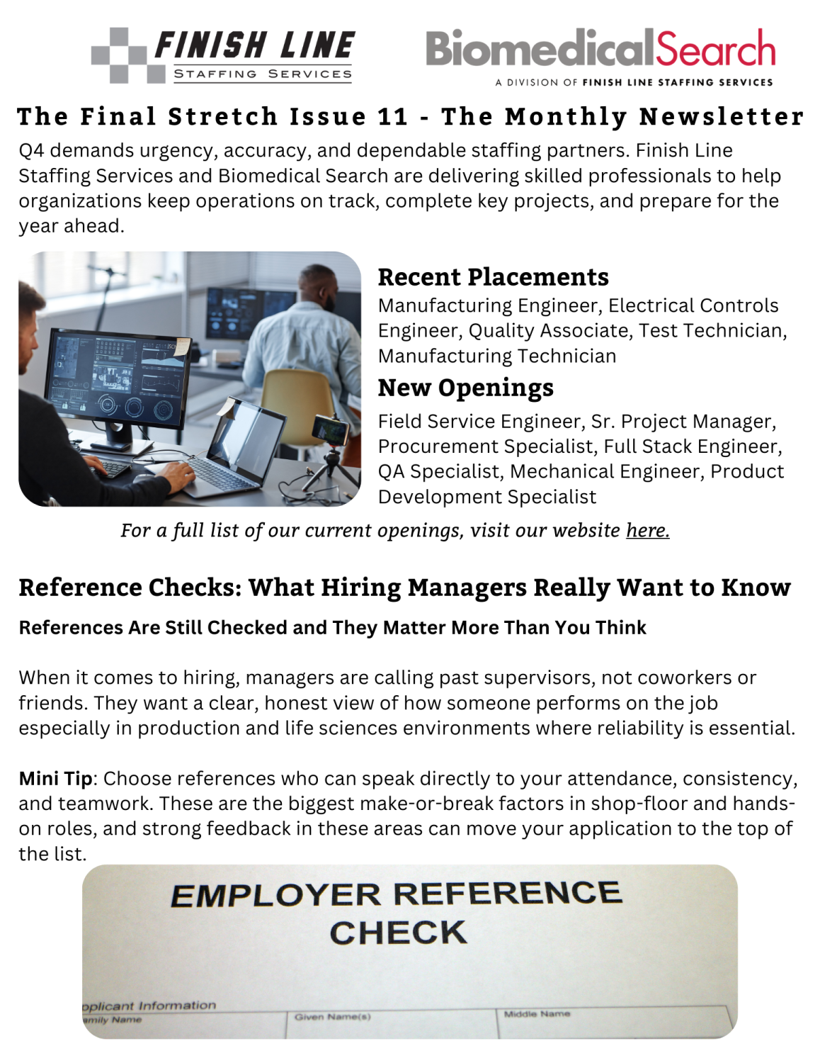 The first page of the newsletter with info about recent placements, new openings, and reference checks.