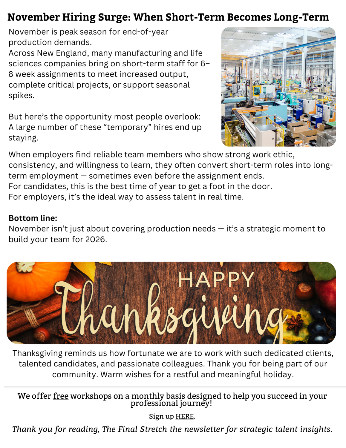 The second page of the newsletter with info about hiring and warm wishes for Thanksgiving.