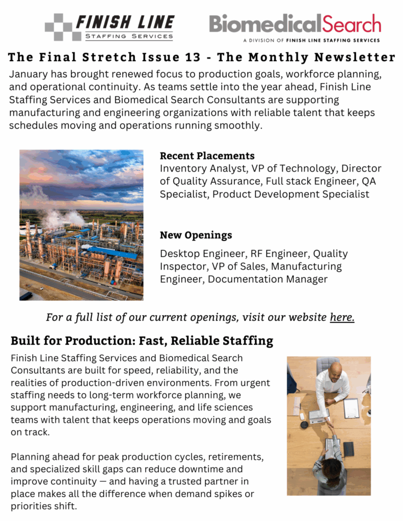 The first page of The Final Stretch, Finish Line Staffing Services and Biomedical Search’s newsletter, featuring recent placements and openings.
