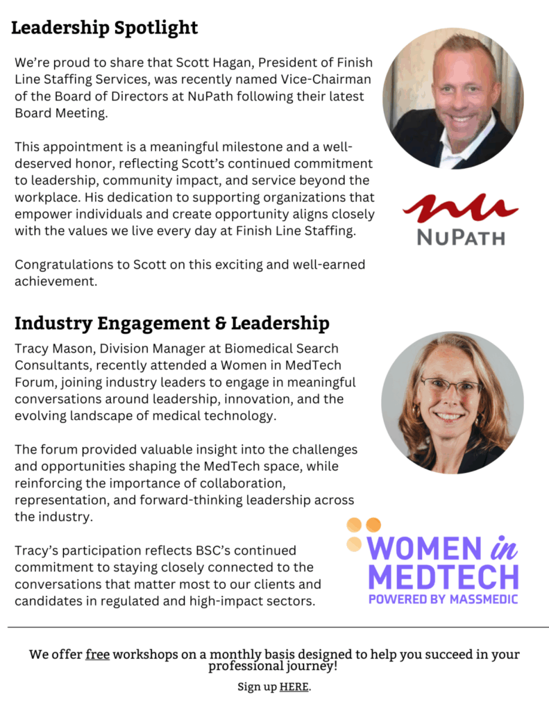The second page of The Final Stretch, Finish Line Staffing Services and Biomedical Search’s newsletter, featuring a spotlight on Scott Hagan and Tracy Mason's attendance at a Women in MedTech Forum.