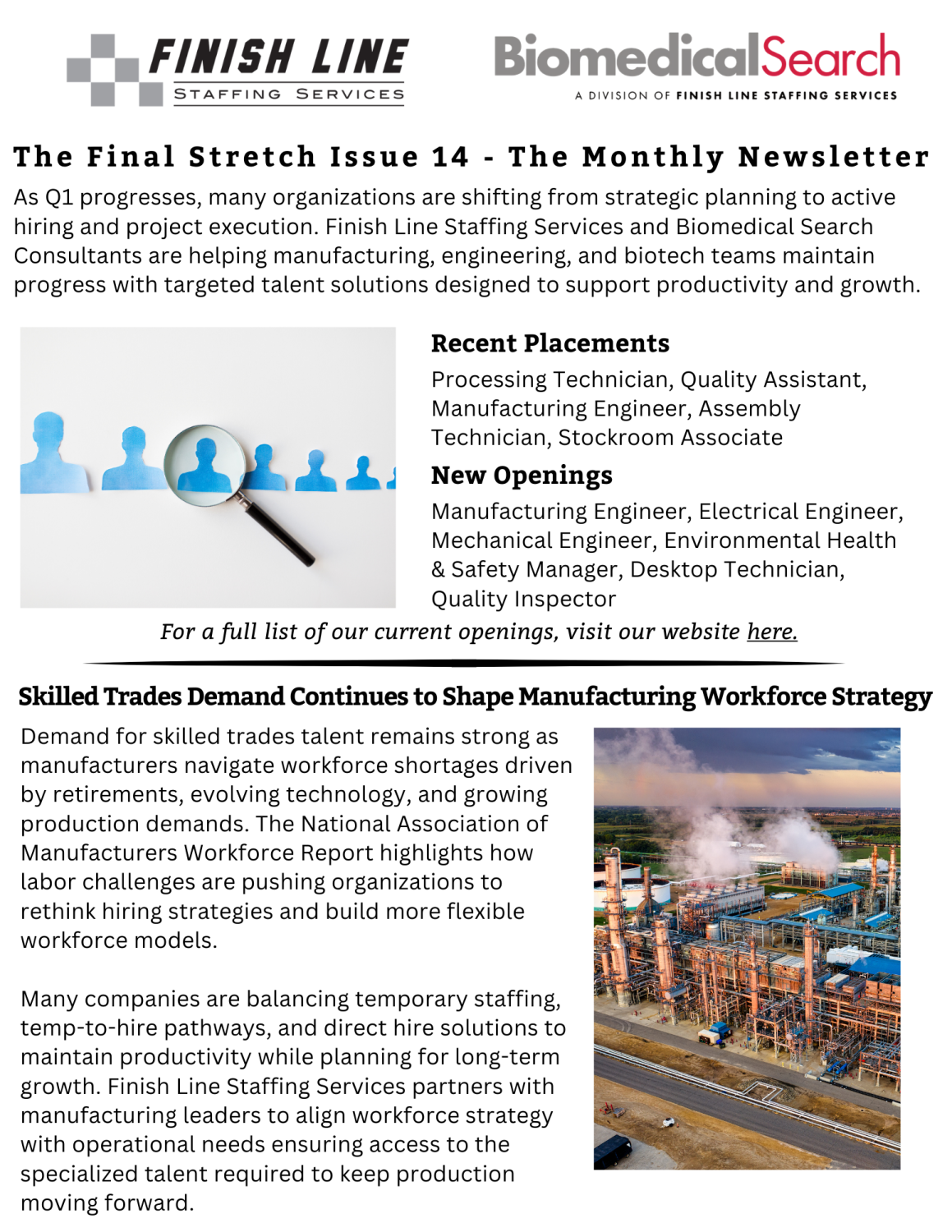 The first page of Finish Line Staffing Services' monthly newsletter, with info on recent placements, new openings, and manufacturing workforce strategy.