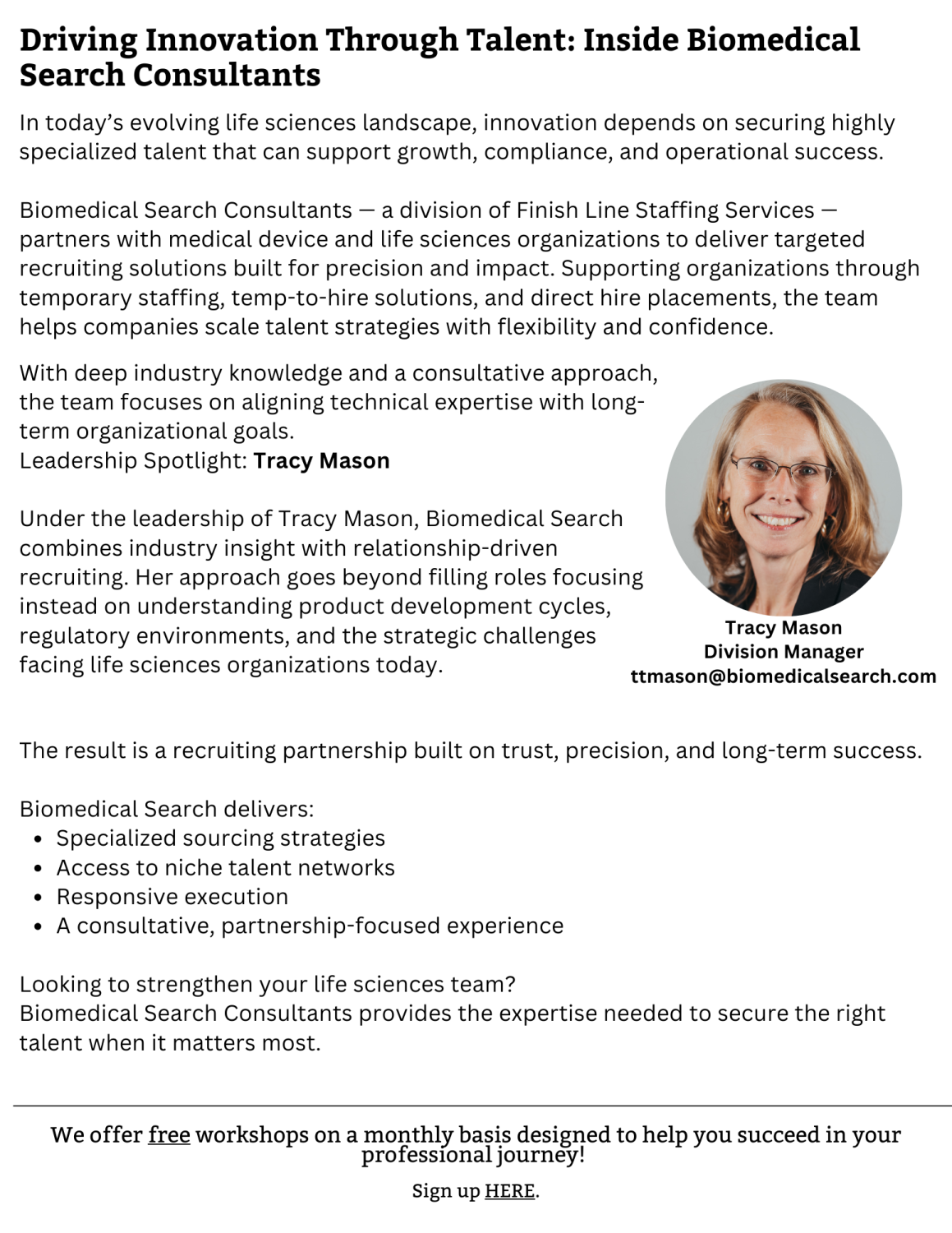 The second page of Finish Line Staffing Services' monthly newsletter, with a spotlight on Biomedical Search Consultants and Tracy Mason.