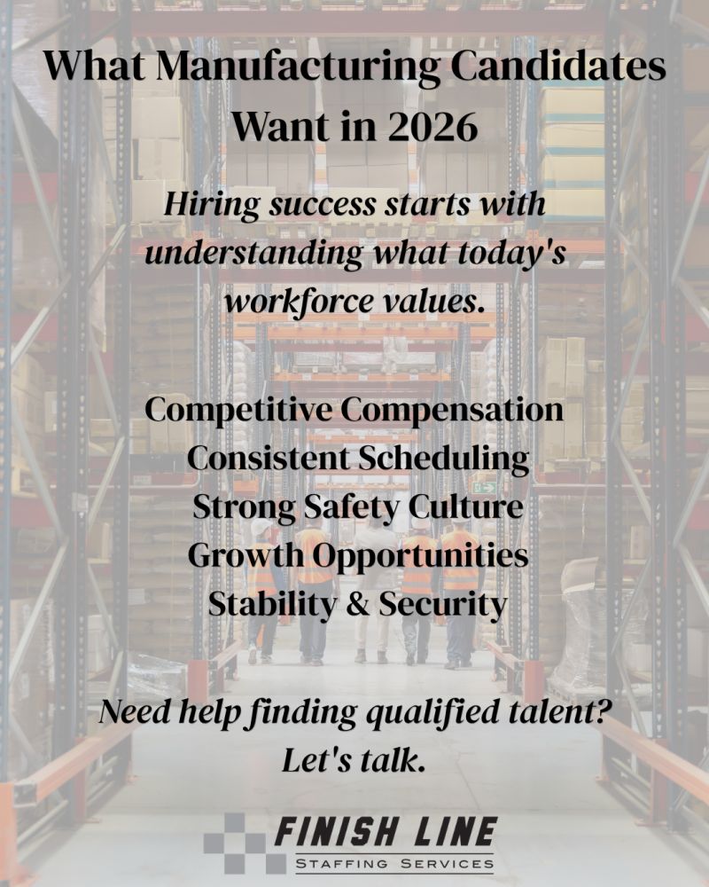 A graphic explaining what manufacturing candidates are looking for in a workplace, including growth opportunities and consistent scheduling