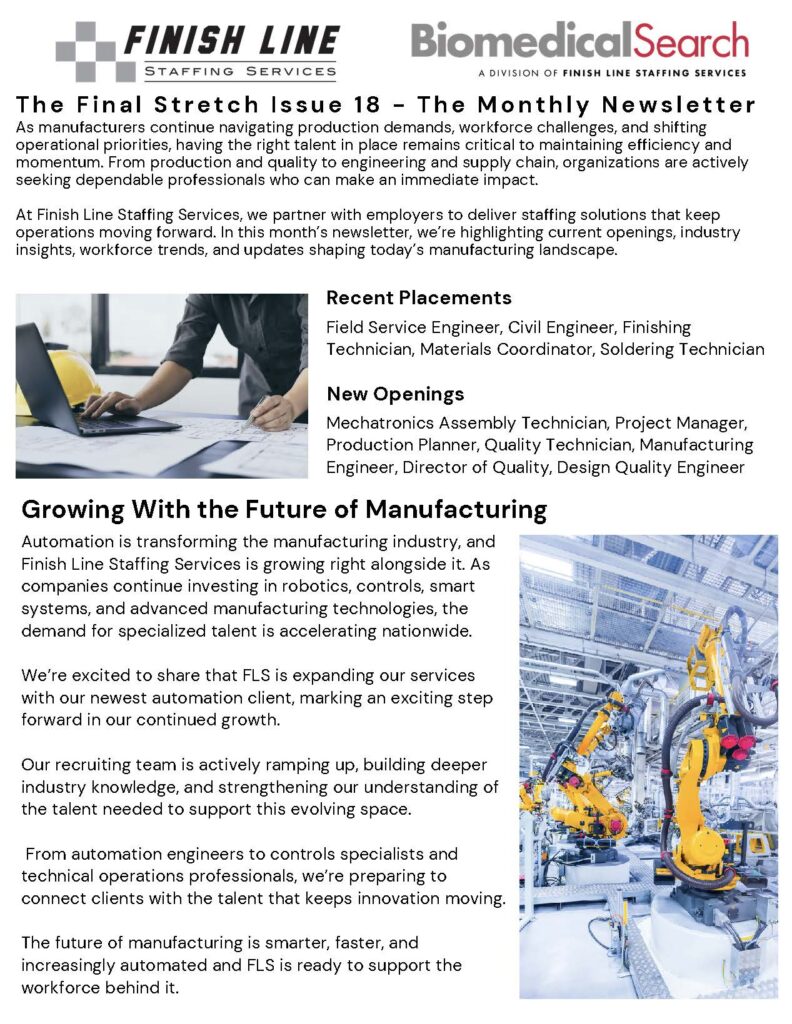 The first page of the newsletter, with info about recent placements and the future of manufacturing