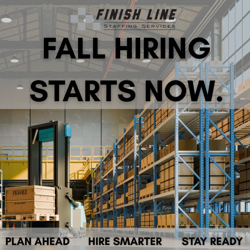 A graphic with an image of a warehouse and the words "Fall hiring starts now"